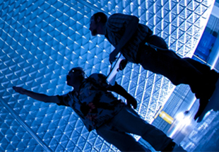 Two workers standing, one pointing up, the other looking up